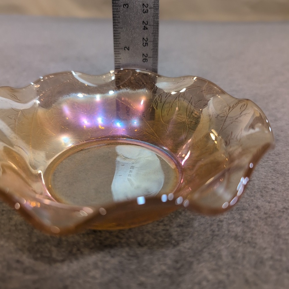 Vintage Jeanette Glass Iridescent Floragold Ruffle Edge‎ Bowl Lotus Flower - Picture 7 of 7